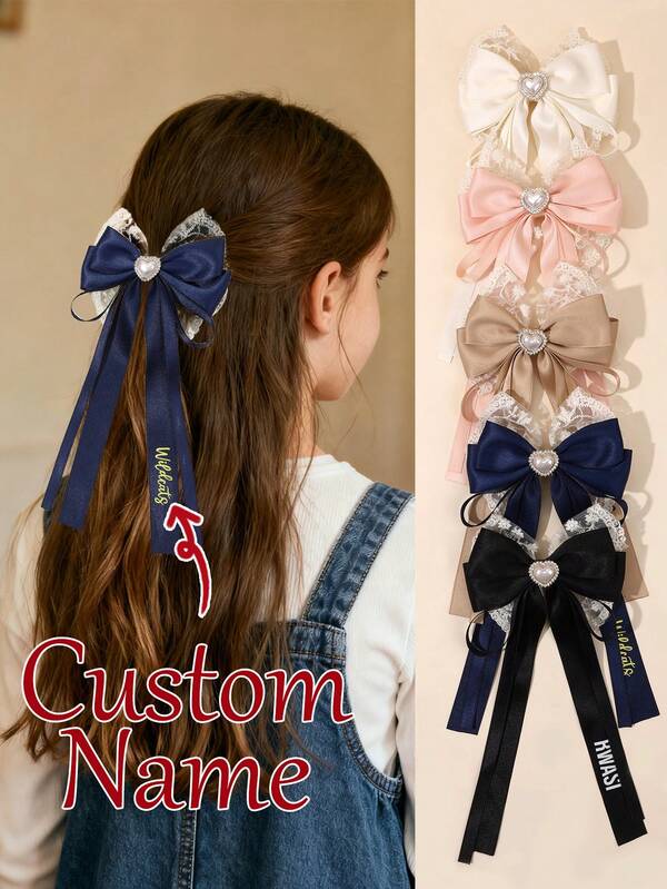 1pc Custom Name Elegant Plain Hair Bow For Girls White Lace Personalized Bow Alligator Clip Delicate Glossy Ribbon Hair Clip Heart Shaped Pearls Customized Barrettes Cute Sweet Holiday Custom Text Hairpin Kids Hair Accessory