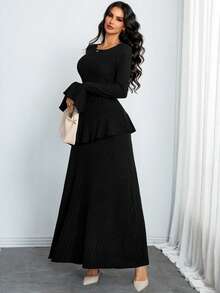 女士性感、优雅、复古、现代花瓣袖连衣裙，不对称弹力丝绒面料，A字裙摆，适合通勤或假日派对穿着，黑色 - 黑色 - 查看 6