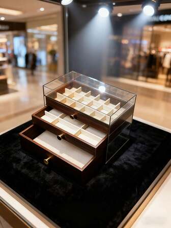 Vintage Mahagoni Samt Schmuckkasten - Drei großräumige Schubladen für Ringe und Ohrringe, oberste Schublade für Kosmetik - Ein ideales Geschenk für Damen und Mädchen - Perfekt für Ramadan, Weihnachten und besondere Anlässe.