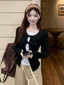 Elegant 2 In 1 Hollow Out Long Sleeve T-Shirt For Women, Minimalist French Polka Dot Versatile Slim Fit Top, Spring/Autumn Black - Black - View 6
