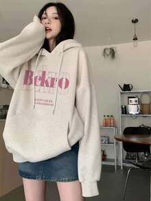 Women's Casual Loose Fit Round Neck Fleece Sweatshirt With Cartoon Letter Print, Versatile For Autumn/Winter - Light Gray - View 2