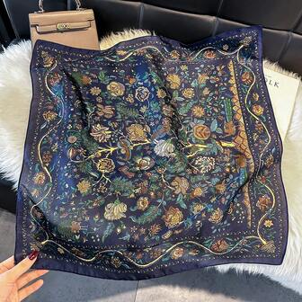 1 pièce Élégant foulard carré en soie artificielle imprimé floral de 70 cm, foulard de cou en fausse soie à motif floral et de noix de cajou pour hommes, cache-cou polyvalent