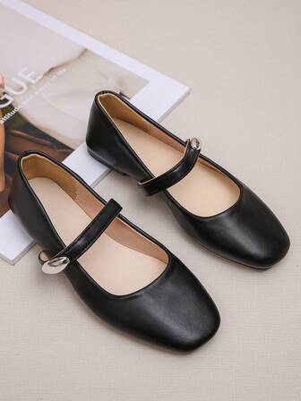 Wide Fit Metal Decor Strap Buckle Fashion Square Toe Low Vamp Women Plus Size Flat Shoes, Comfortable Soft Bottom Black Mary Jane Shoes, Elegant Style For Autumn, Suitable For Daily Wear, Commuting, Office