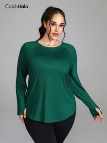 1pc Plus Size Fleece T-Shirt, Green Long Raglan Sleeve With Thumb Hole, Curved Hem Round Neck Loose Soft Fit, Suitable For Yoga, Fitness, Running, Casual Wear, Christmas, Autumn/Winter - 墨綠色 - 查看 6