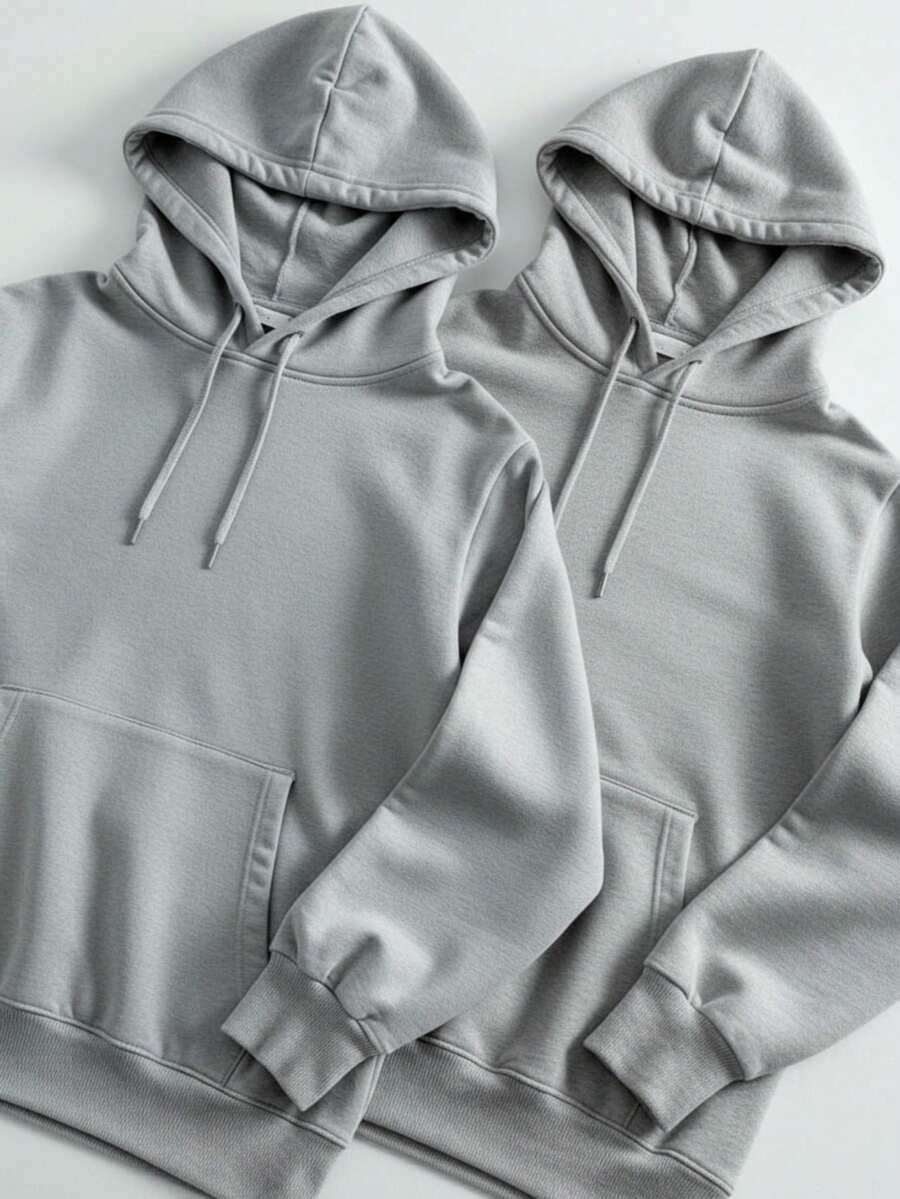 Kit Of 2 Hooded Sweatshirts, Casual Basic Style, Unisex Winter Set - - Gray/Gray - View 1