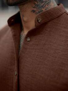 Men's Short Sleeve Shirt With Priest Collar Premium Quality Light And Fresh Fabric Easy To Iron - 鏽棕色 - 查看 2