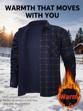 قميص فلانيل دافئ هدية عيد الميلاد للرجال، قميص كاجوال مربع بأكمام طويلة مبطن بالحرارة مع جيوب للخريف/الشتاء قطعة واحدة