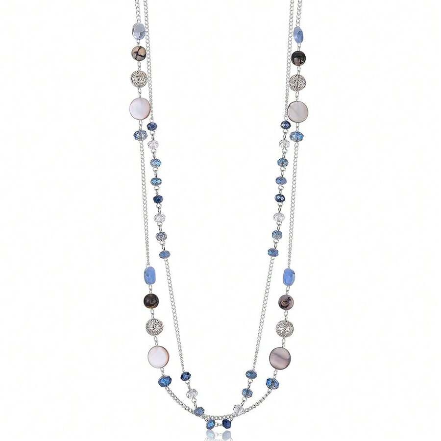 Noessla Layered Long Necklaces For Women Crystal Beaded Statement Necklace Sweater Silver Chain With Gifts Box Jewelry{Inchcolor_nameinch:InchBlueinch} - 藍色 - 查看 1