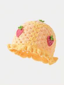 1pc Women's Fashion Hollow Strawberry Cherry Handmade Crochet Wavy Edge Knit Hat, Suitable For Autumn/Winter Daily Warmth And Travel Outfits - A - View 5
