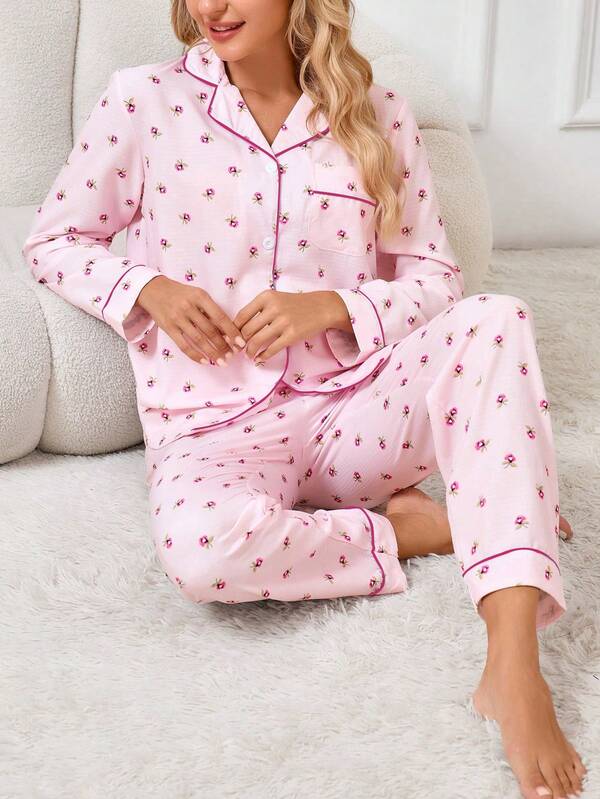 女士轻薄休闲睡衣套装，印花长袖上衣和长裤，春秋季舒适居家服