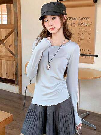 Solid Color Frill Trim Round Neck Long Sleeve Casual Versatile Blouse