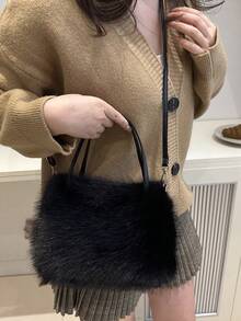 Fashion Plush Horizontal Square Fur Bag, Urban Simple Magnetic Buckle Open Large Capacity Daily Hand Bag Crossbody Bag , Old Money - Black - View 4