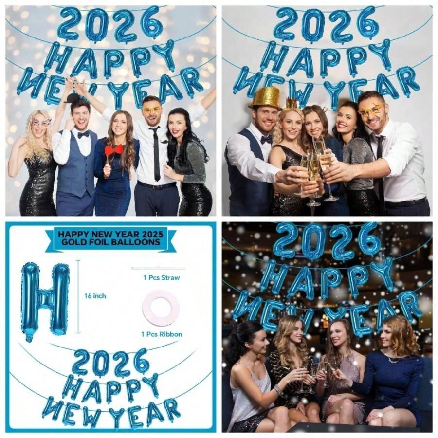Gold Happy New Year 2026 Balloons, 16 Inch 2026 Foil Number Balloons, 2026 NYE Decorations 2026 New Years Eve Dcor - 藍色 - 查看 1