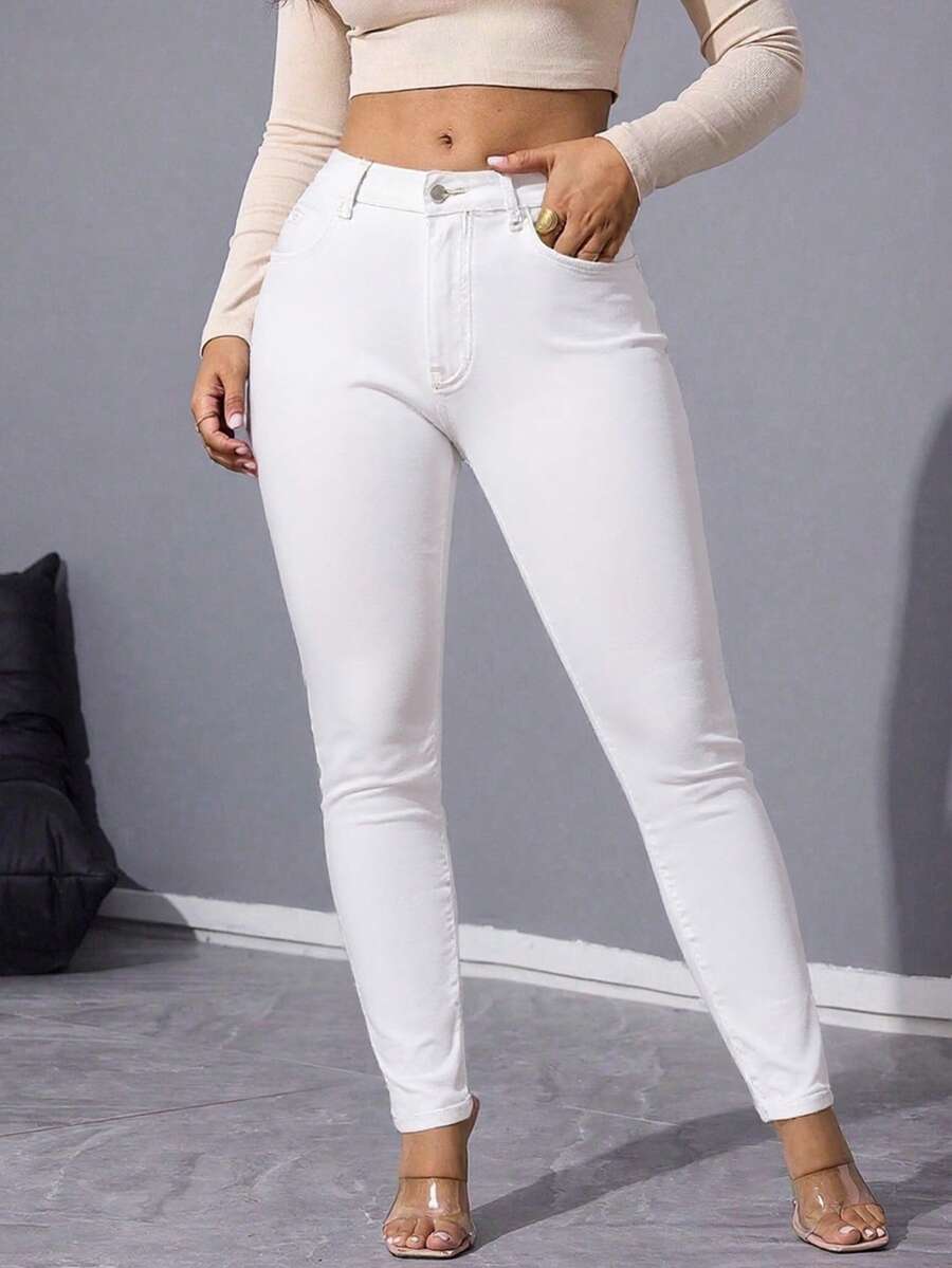 Lässige vielseitige einfarbige Stretch Skinny Jeans mit Taschen - Weiss - Übersicht 1