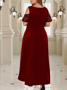 Plus Size Long Dresses For Women With Lace Off Shoulder Elegant Fashion Dress With Asymmetric Hem Design For Evening Party - 酒紅色 - 查看 2