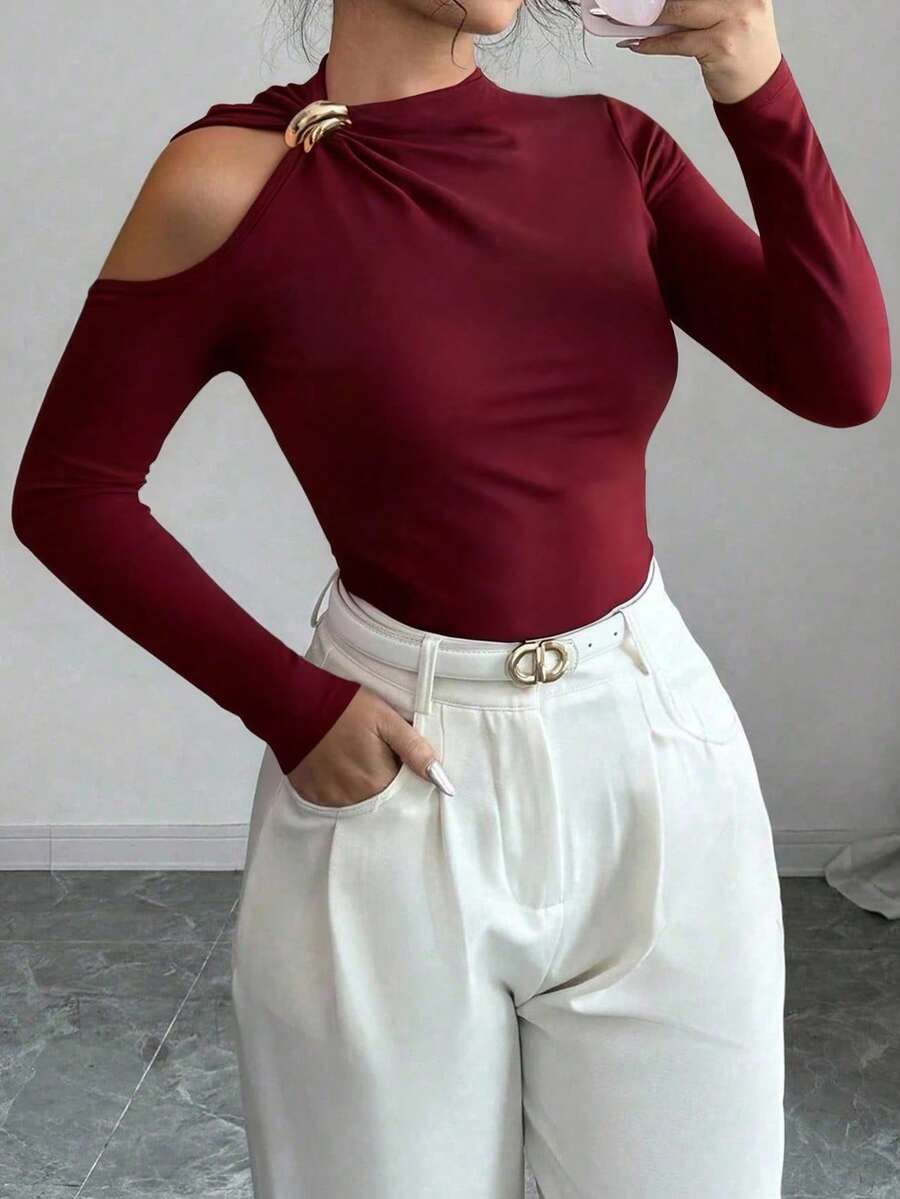 Áo thun cỡ lớn thời trang thiết kế trễ vai, ôm dáng, tôn dáng, thích hợp mặc thường ngày mùa xuân. - Màu Đỏ Sâu - Xem 1