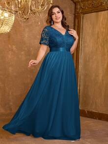 XUIBOL 高品质弹力优雅雪纺刺绣拼接超修身大码V领晚礼服，适合约会、婚礼、派对、生日、周年纪念、鸡尾酒会、正式晚宴、婚礼宾客、单身派对、假期、夏秋季等场合。 - 水鴨藍 - 查看 6