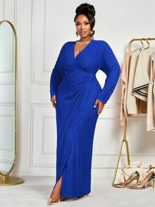 BIUBIU 大码女式长袖V领休闲优雅简约春秋冬装，适合返校季和感恩节穿着 - 寶藍色 - 查看 5