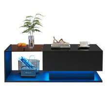 Glossy Black Coffee Table 100x50x32 Cm With Glass Top, Drawers, Scratch Resistant, With 1 Drawer, LED Lighting, Modern Style. - Black - View 11