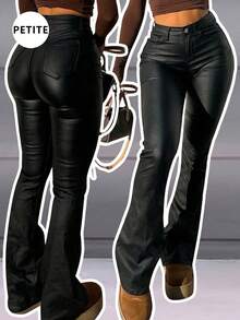 娇小女款PU皮革喇叭裤，中等弹力拉链修身长裤 - 黑色 - 查看 1