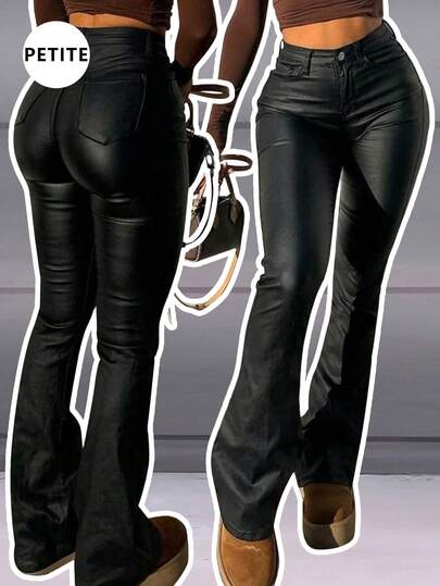 Petite utsvängda dambyxor i PU-läder, smala byxor med medelstora stretch och dragkedja