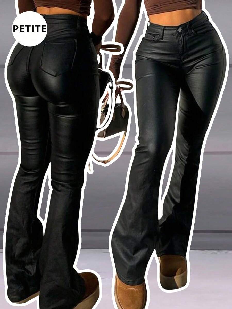 娇小女款PU皮革喇叭裤，中等弹力拉链修身长裤 - 黑色 - 查看 1