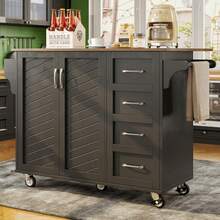 Küchenwagen Mit Diagonal Gestreiften Schranktüren, Herausnehmbarer Esswagen Mit Handtuchhalter Und Gewürzregal, Verstellbare Trennwände, Küchenbuffet, Tischplatte Mit Holzmaserung, Schwarz - 黑色 - 查看 1