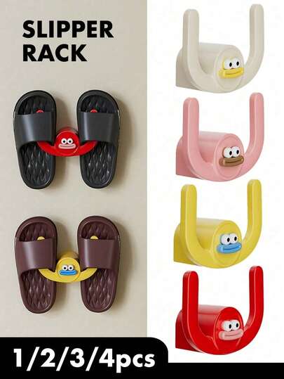 1/2/3/4 pièces Porte-pantoufles mural sans perçage - Porte-chaussures gain de place avec 2 crochets, design de saucisse de dessin animé - Convient pour tongs/sandales/accessoires cheveux, idéal pour la décoration de salle de bain/chambre/maison/hôtel