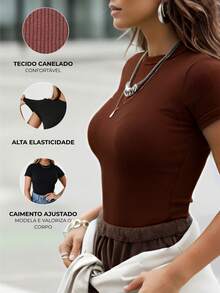 Women's Short-Sleeve Baby Tee T-Shirt, Fitted, Ribbed, Basic, For Everyday Wear, Work, Travel - Rust Brown - View 2