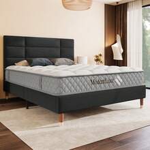 Cama tapizada, cama doble con caja de almacenamiento y latticestraat, marco de cama de 140x200cm con cabecero, para adultos y jóvenes, (con colchón de núcleo de muelles) - Negro + Madera maciza + Conjunto de 2 piezas + 140cm*200cm - Ver 4
