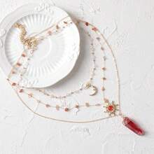 MOSTORY Crystal Sun Fairy Necklace - Crescent Moon Necklace For Renaissance Accessories Women Renfaire Fantasy Jewelry{Inchcolor_nameinch:Inchgold-Redinch} - Gold-red - View 6