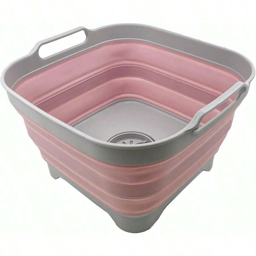 TFKI 10L 2.64 Gallon Collapsible Dishpan With Draining Plug - Foldable Washing Basin - Portable Dish Washing Tub - Space Saving Kitchen Storage Tray (Grey/Pale Pink) - 灰色淺粉紅色 - 查看 1