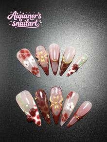 Each Set Consists Of 10 Pieces Of Handmade Y2K Fine High-Heeled Acrylic Nail Plates, Designed In French Style With Rhinestones, Spots, Petals, And Cherry Decorations, Available In Multiple Tones And Nude Colors. 3 Sizes To Fit, Suitable For Parties, Dances, And Daily Wear, Comes With A Nail Kit, Making It An Ideal Press On Nails Gift For Ladies And Girls. - Multicolor - View 1