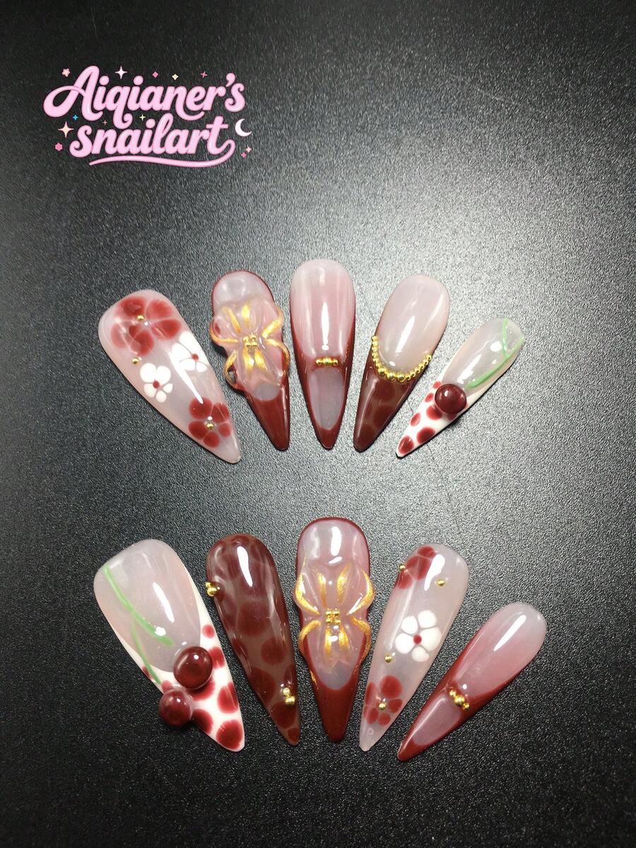 Each Set Consists Of 10 Pieces Of Handmade Y2K Fine High-Heeled Acrylic Nail Plates, Designed In French Style With Rhinestones, Spots, Petals, And Cherry Decorations, Available In Multiple Tones And Nude Colors. 3 Sizes To Fit, Suitable For Parties, Dances, And Daily Wear, Comes With A Nail Kit, Making It An Ideal Press On Nails Gift For Ladies And Girls. - Multicolor - View 1