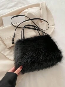 Fashion Plush Horizontal Square Fur Bag, Urban Simple Magnetic Buckle Open Large Capacity Daily Hand Bag Crossbody Bag , Old Money - Black - View 6