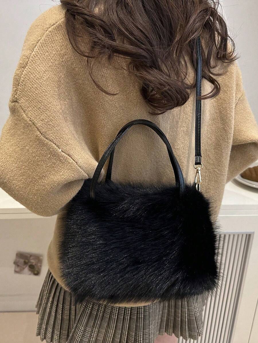Fashion Plush Horizontal Square Fur Bag, Urban Simple Magnetic Buckle Open Large Capacity Daily Hand Bag Crossbody Bag , Old Money - Black - View 1