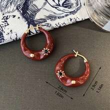 French Vintage-Inspired Chic Hoop Earrings - Black & Red Enamel, Sparkling Rhinestones, Zinc Alloy, Copper Posts For Everyday & Party Wear - màu đen - Xem 4