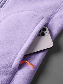 女士独特设计羊毛抓绒外套 - 秋冬立领拉链连帽衫，宽松休闲运动外套 - 紫色 - 查看 5