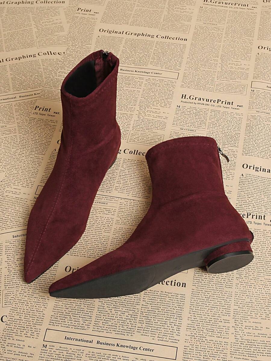 2024年初秋新款方头粗跟时尚高跟踝靴，女款，秋冬款，酒红色鞋跟 - 酒紅色 - 查看 1