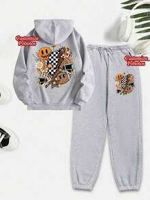 2pcs Set: Hoodie + Sweatpants, Customizable Personalized Thanksgiving/Christmas Gift - Customize Women's Graphic Sweatshirt, Add Your Own Text/Image (Badge Design/Company Logo/Family Photo/Selfie) For Personalized Printed Hoodie, Gift For Girlfriend, Couple Matching, Sportswear Set - Light Grey - View 2