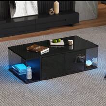 100*50*30cm Living Room Coffee Table, Sofa Table With LED, High Gloss + Tempered Glass Design, Coffee Table With 2 Cabinets, Simple Design Side Table, Black, Chipboard - Black - View 1
