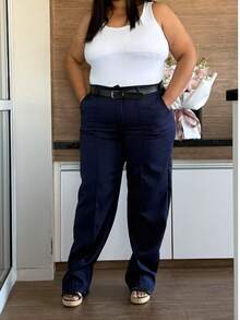 Straight Leg Plus Size Tailored Trousers 46-50 With Belt, Button And Zipper Closure 8827 - 藏蓝色 - 查看 2