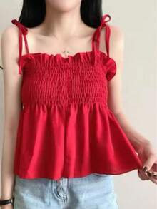 T109 Short Top With Straps And Ruffles - Red - View 1