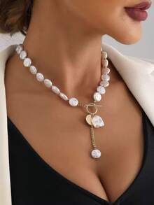 1 chiếc vòng cổ ngọc trai giả phẳng kiểu Baroque tối giản, thanh lịch, khóa cài OT, dây tua rua, thích hợp đeo hàng ngày và dự tiệc. - Dây chuyền tua rua khóa OT ngọc trai dẹt - Xem 13
