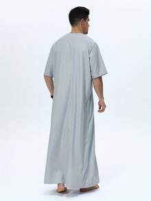 Al Haramain Men's Light Grey Short Sleeve Traditional Robe, Elegant Embroidery Accent Chest Pocket, Minimalist Sophisticated Style