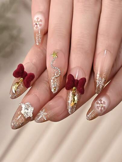 24 pezzi Unghie finte acriliche di Natale, unghie a mandorla medie 3D con diamanti, fiocco rosso e perle, disegno di fiocchi di neve bianchi con sfumature glitterate argento (1 lima per unghie e 1 kit di adesivi per unghie)