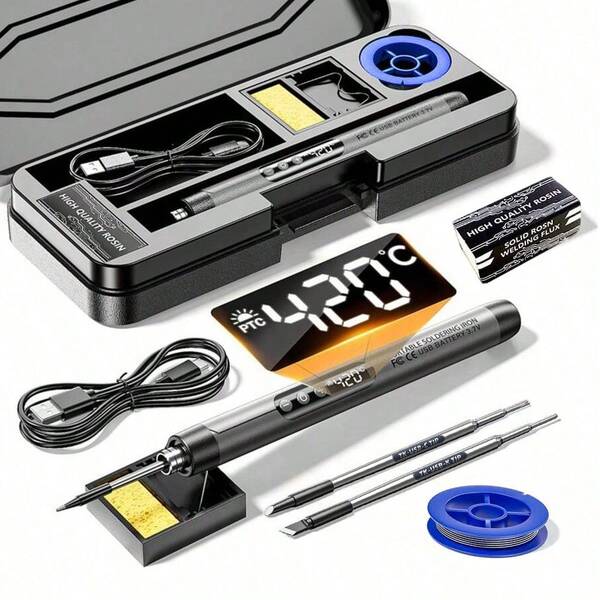 Cordless Portable Electric Soldering Iron Kit - Battery Powered Or Rechargeable, LCD Display, 5 Heat Settings, Fast Heating, Includes 3 Heating Tips, Ideal For DIY Electronics, Computer, Phone Repair, With Storage Case, Stand, Solder Wire, Rosin, Best Gift Choice