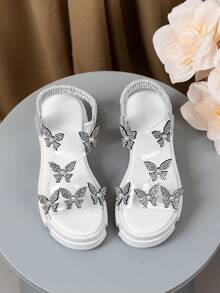 1 Pair Children's Fashion Rhinestone Butterfly Thick-Sole Sandals - Silver White, With Elastic Ankle Strap, Cute, Comfortable And Elegant. They Are Great For Daily Wear, School Life, Park Play And Summer Outings, And Can Be Easily Paired With Various Outfits. - Silver - View 2