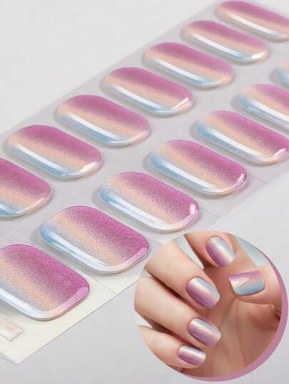 16pcs Cat Eye Semi Cure Gel Nail Strips, Winter Nail Art Metallic Pink Iridescent Gradient UV Nail Stickers, Salon Quality, Easy To Apply And Remove, Suitable For Women's Party DIY Nail Art Supplies Nails