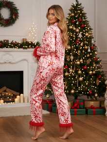 Conjunto de pijama navideño de moda para mujer: pijama de satén con estampado de lazo y ribete de pelo. - Burdeos - Ver 4